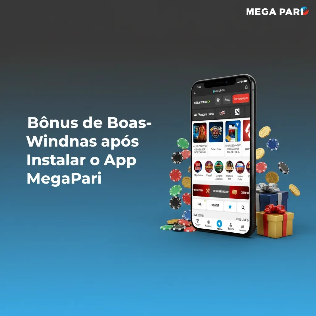 Banner do app MegaPari: bônus após instalar; até R$9.150 + 150 Free Spins. Leia termos e rollover.