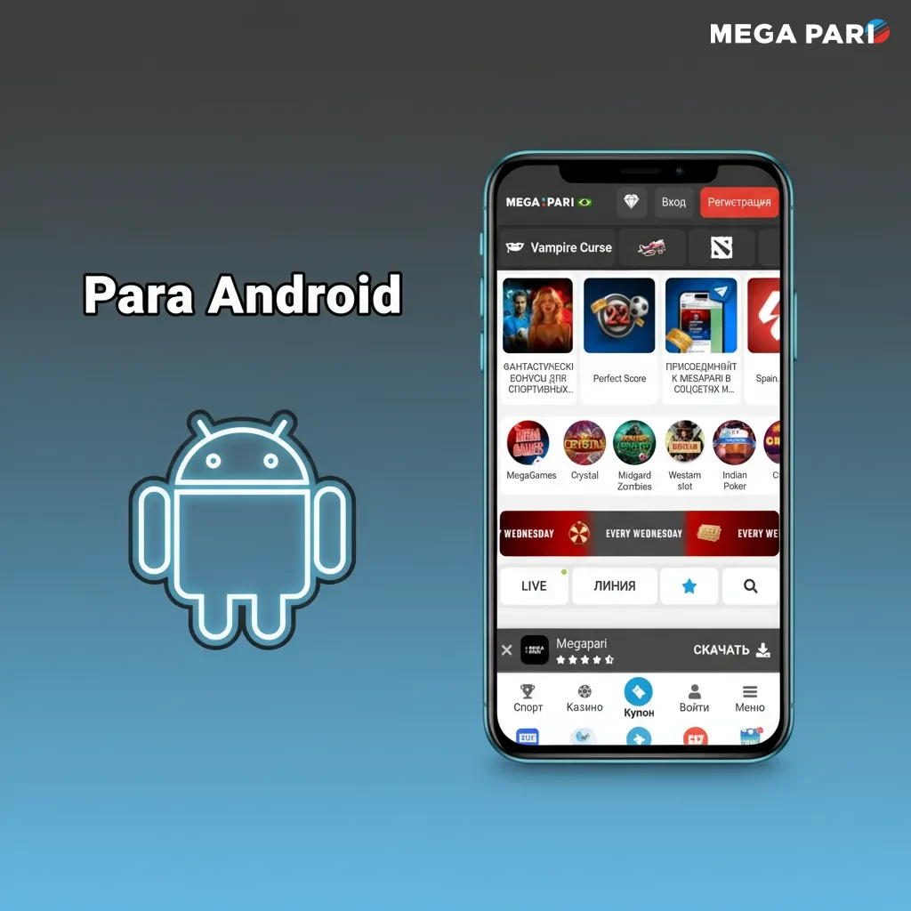 Smartphone exibindo app MegaPari para Android, com etapas de download APK e login, leve e Android 8+.