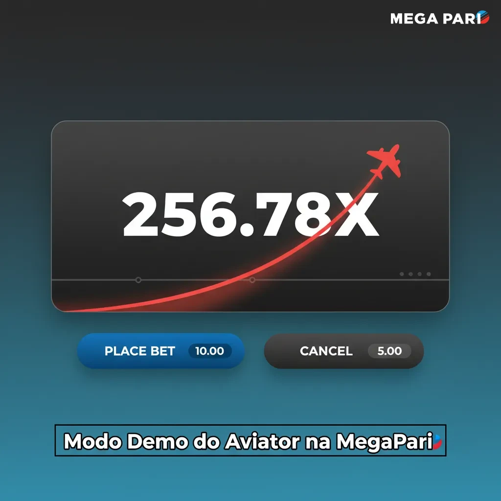 Tela do Aviator em modo demo na MegaPari com saldo virtual, multiplicador e botão de saque para treinar sem risco.
