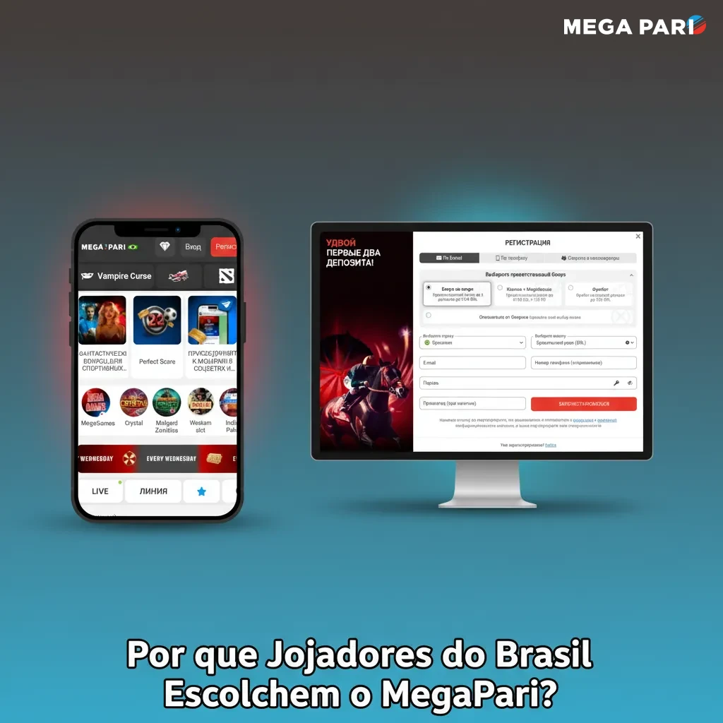 Banner do MegaPari para brasileiros: BRL, saques rápidos, bônus, milhares de jogos, app mobile e suporte 24h em português.