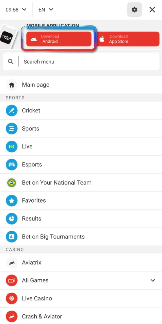 Tap the button on the MegaPari site to start downloading the APK file.