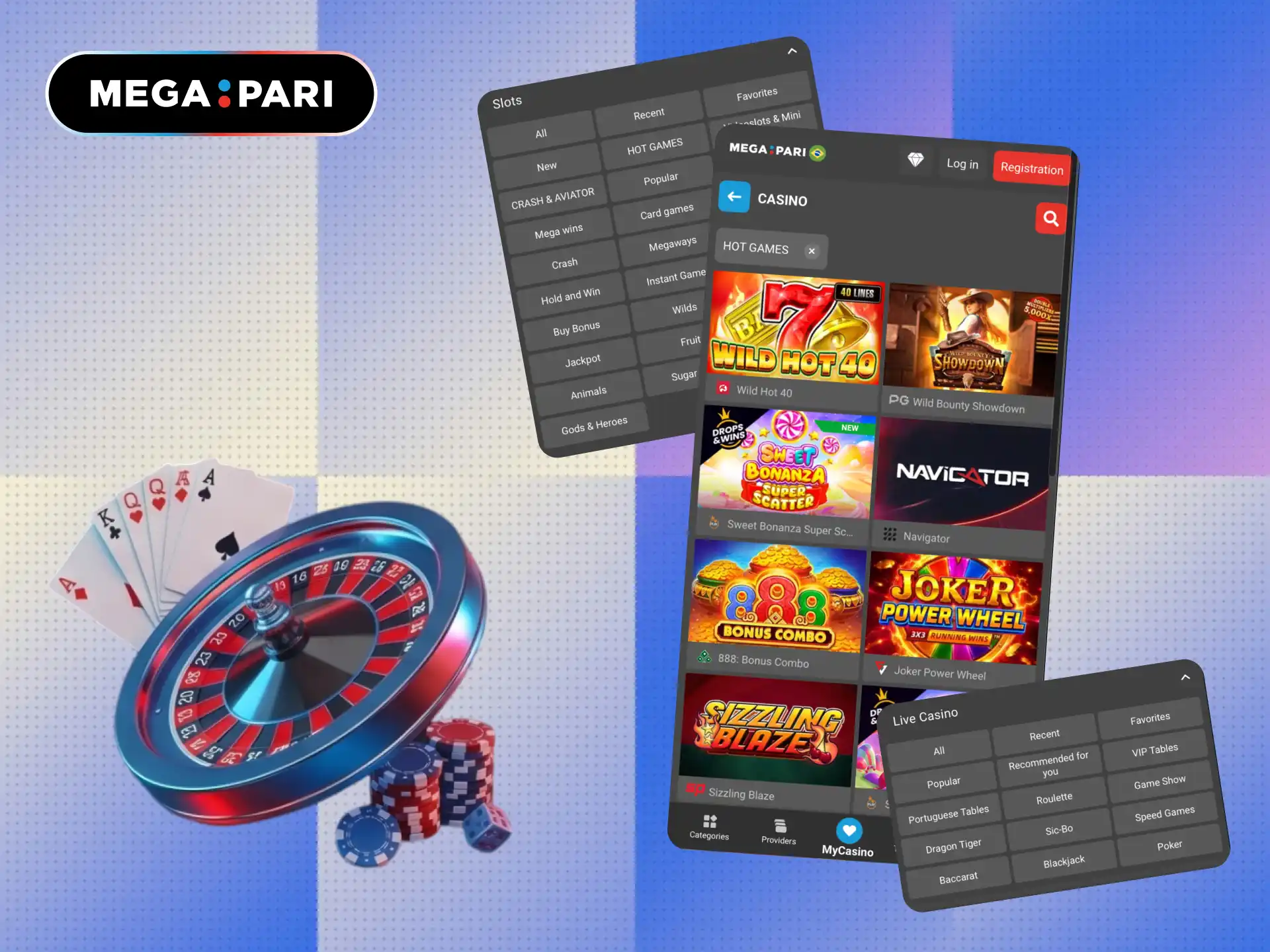 Casino games available in the MegaPari Brasil app including slots and crash.