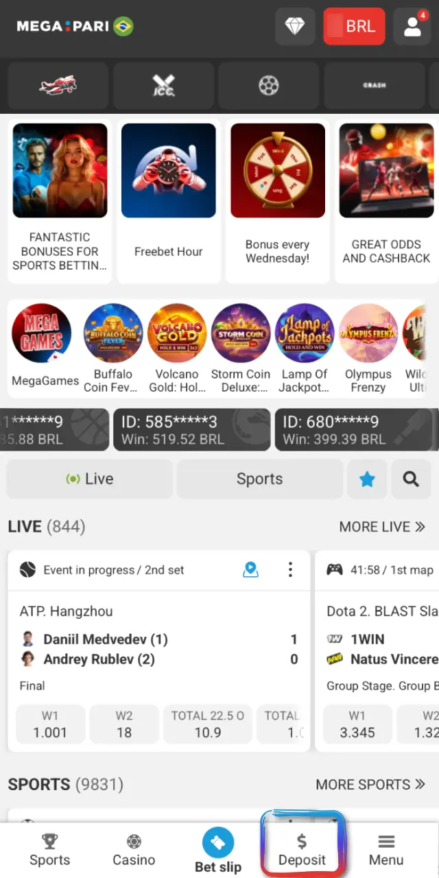 Tap Deposit at the top of your account on the MegaPari Brasil app.