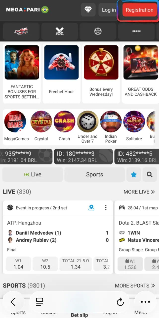 Register on MegaPari in BRL, validate your contact, and activate offers.