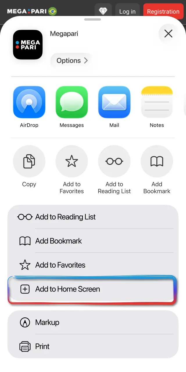 In Safari, tap Share to open the system options on MegaPari.