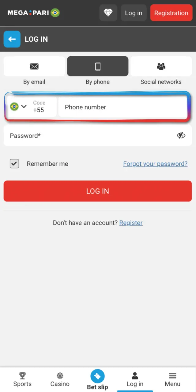 Enter your email or phone number and password on MegaPari Brasil.