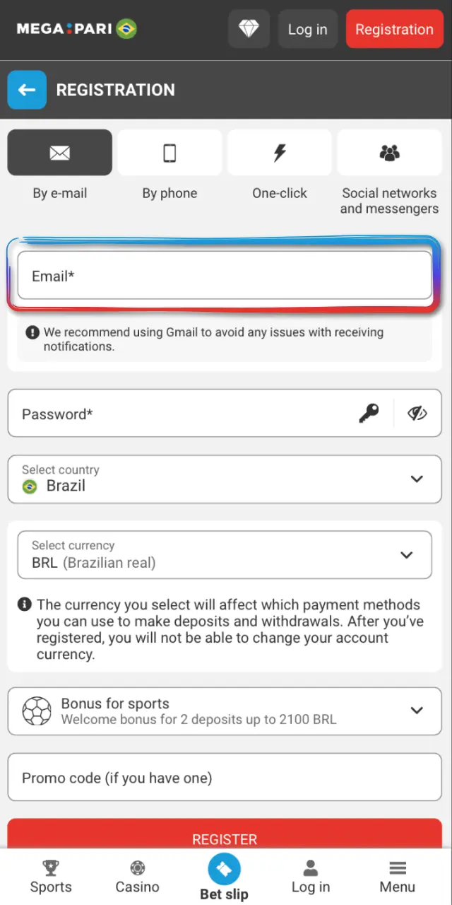 Create a strong password and confirm your details during MegaPari registration.