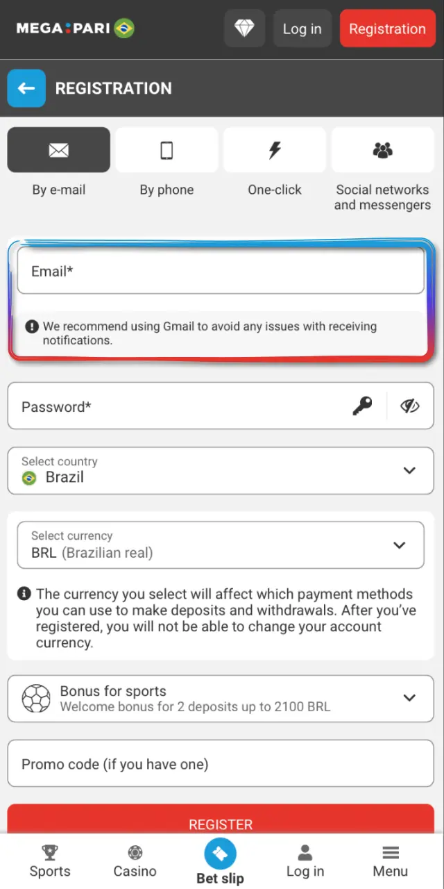 Tap Register in the MegaPari app and choose your registration method.
