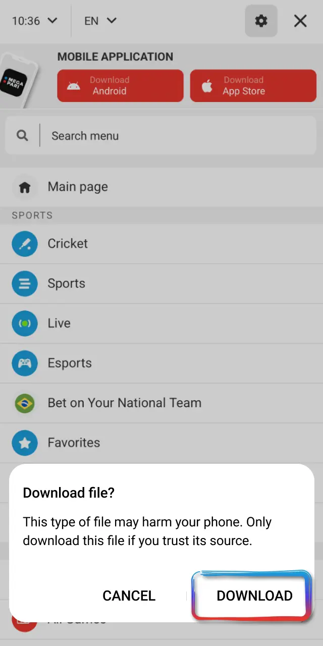 Tap Download APK on MegaPari Brasil and wait for the file to save.