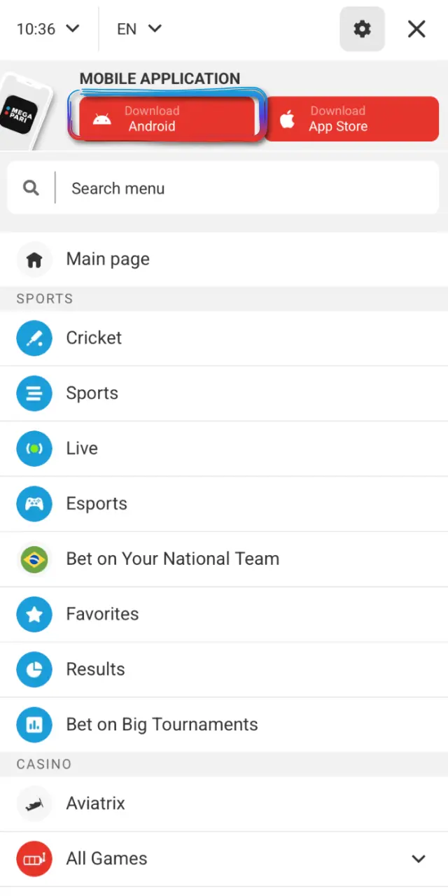In your Android mobile browser, access the MegaPari Brasil download page.