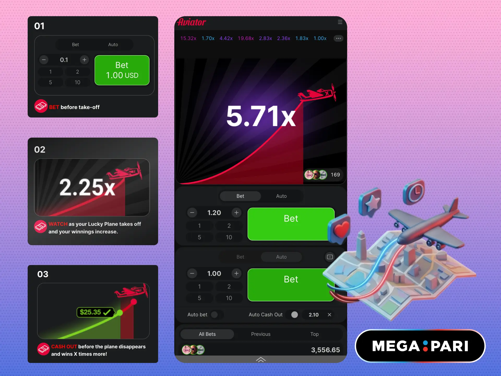 Benefits of playing Aviator on MegaPari Brasil including fast rounds and control.