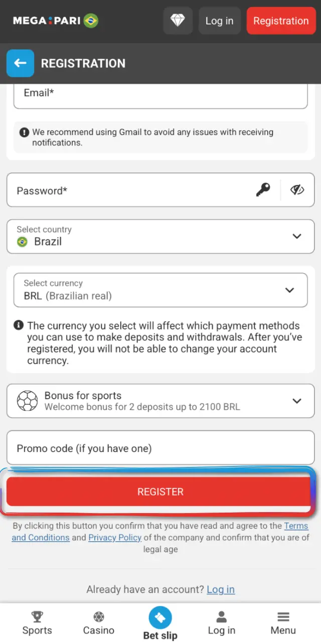 Enter your details, confirm your email, and log in to MegaPari Brasil.
