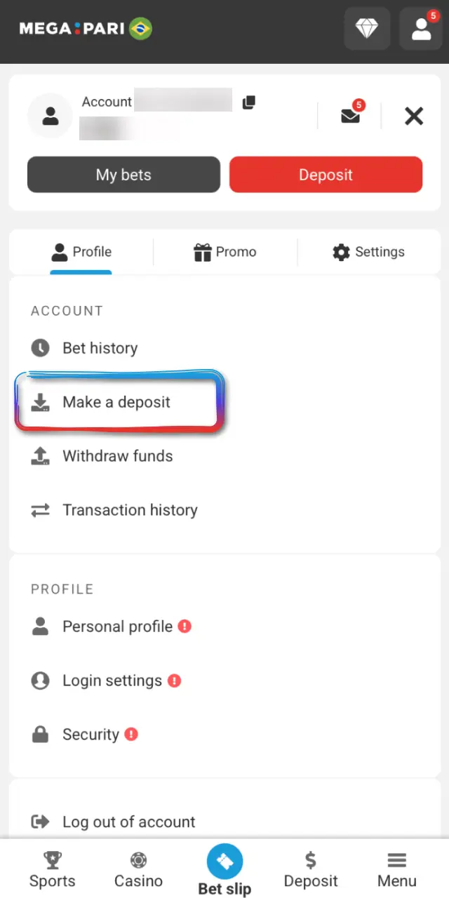 Deposit in Brazilian reais on MegaPari Brasil using Pix, e-wallets, or card.