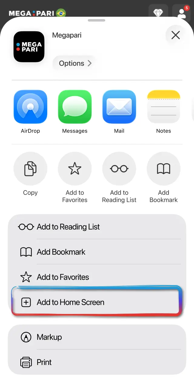 Select Add to Home Screen to create the Aviator shortcut on iOS.