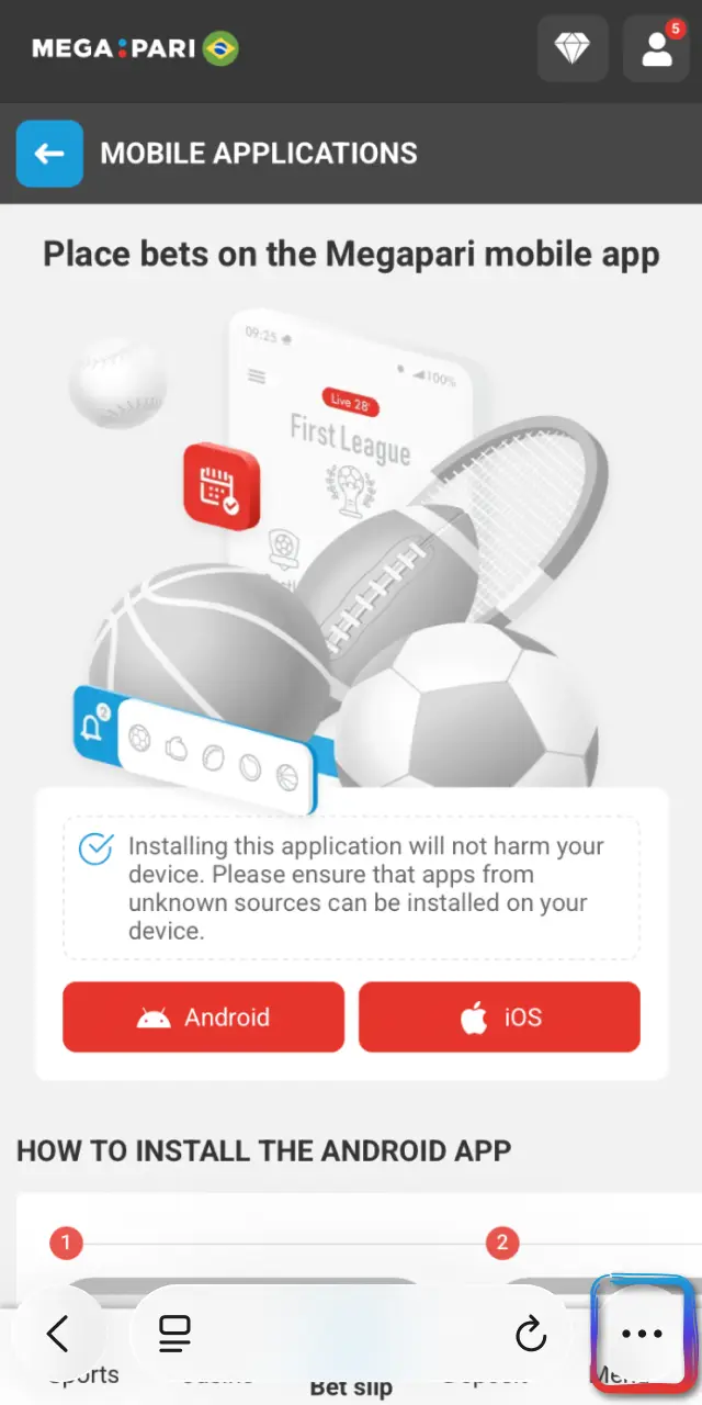 Open the MegaPari Brasil site in Safari on your iPhone to install Aviator.