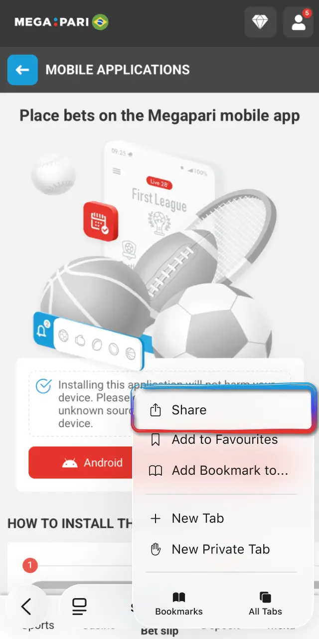 Tap the Share icon in Safari to add MegaPari Brasil to your home screen.