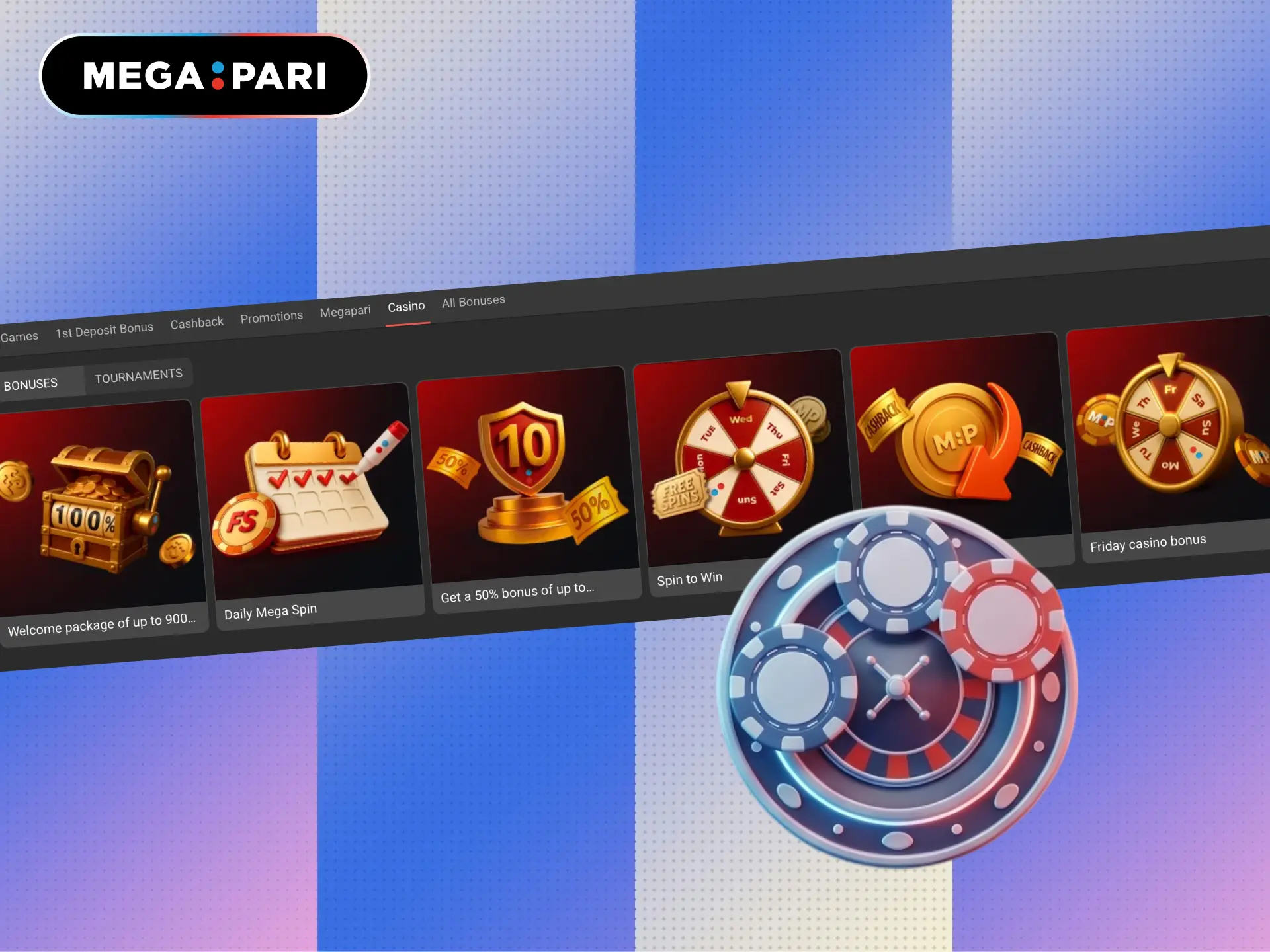 Casino bonus on MegaPari Brasil with extra funds for slots and live games.