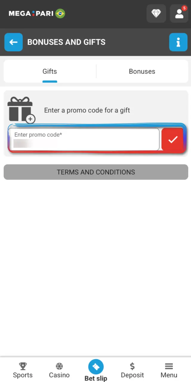 If you have a code, enter it in the designated field before confirming the deposit on MegaPari.
