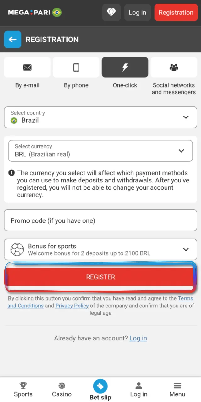 Access the official MegaPari Brasil site, create your account, and confirm your details.
