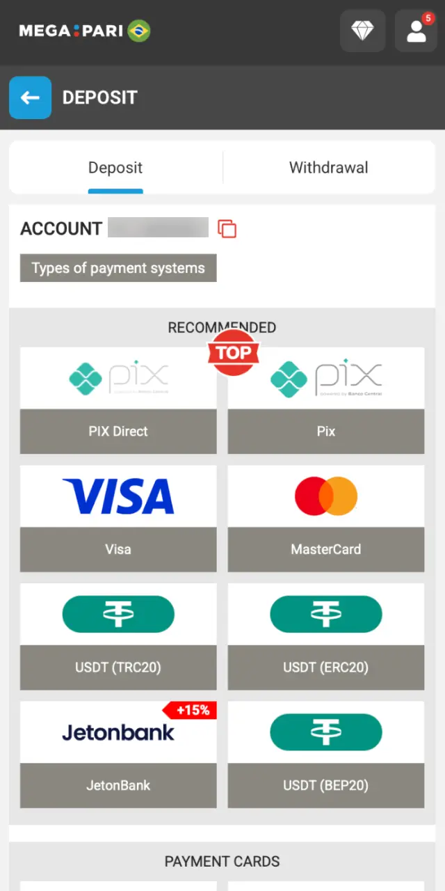 Add funds on MegaPari Brasil via Pix, card, or accepted e-wallets.