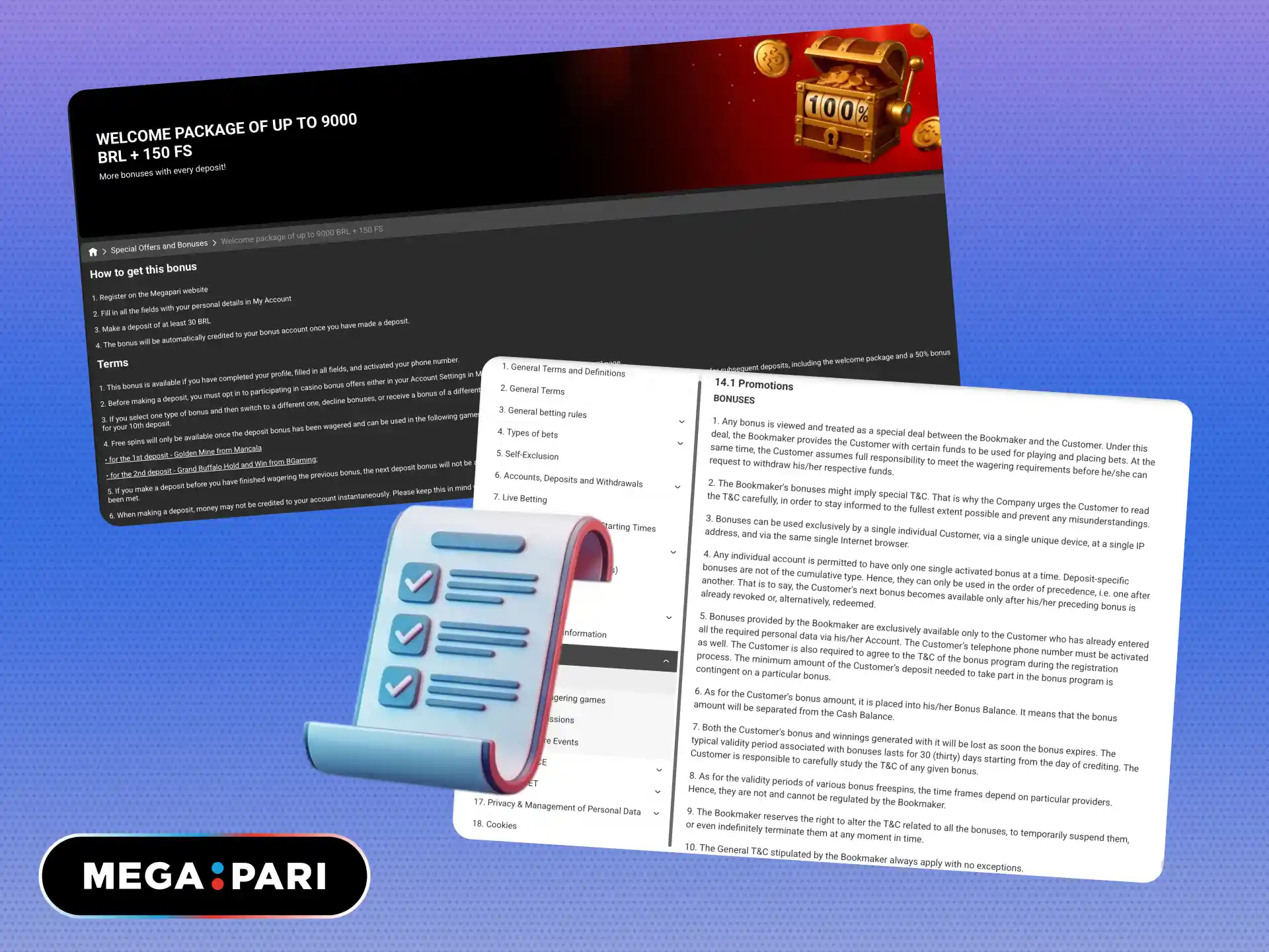 Bonus rules on MegaPari Brasil including wagering requirements and deadlines.