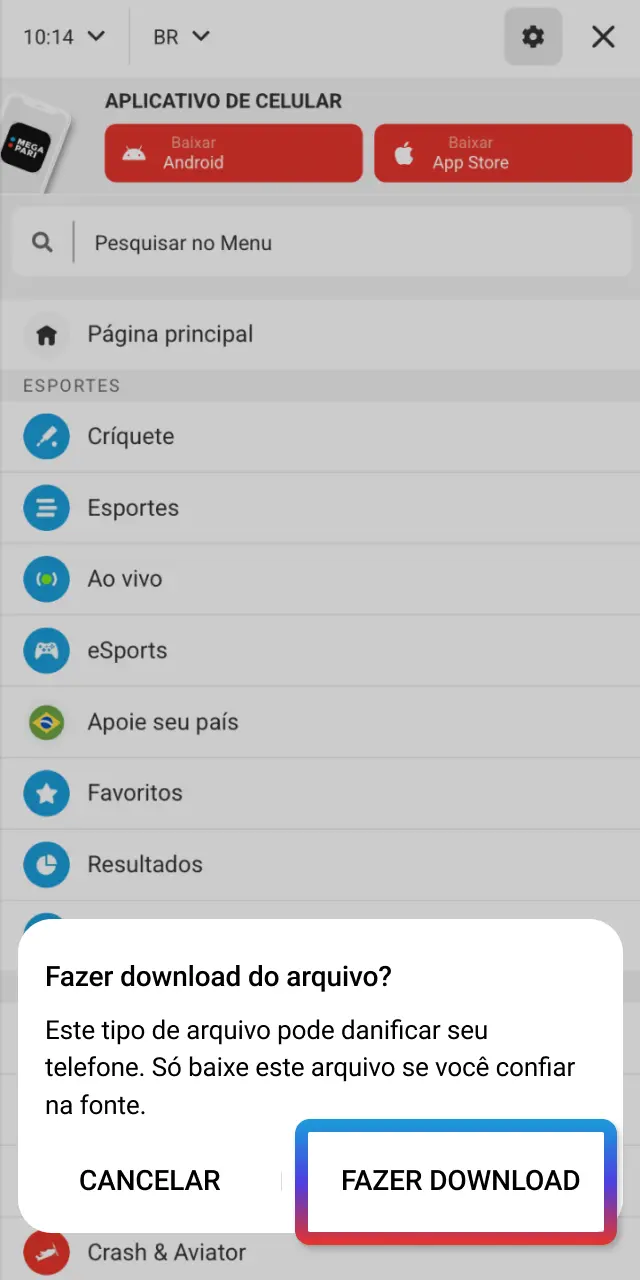 Confirme o aviso na tela tocando em Permitir ou OK no MegaPari.