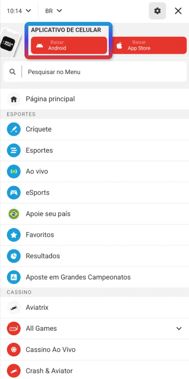 Toque no botão indicado no site do MegaPari para iniciar o download do APK.