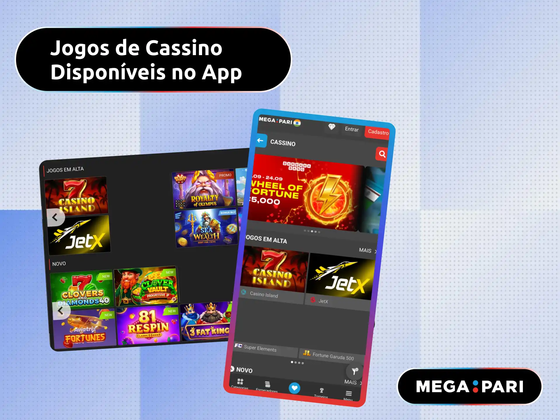 Jogos de cassino disponíveis no app MegaPari Brasil incluindo slots e crash.
