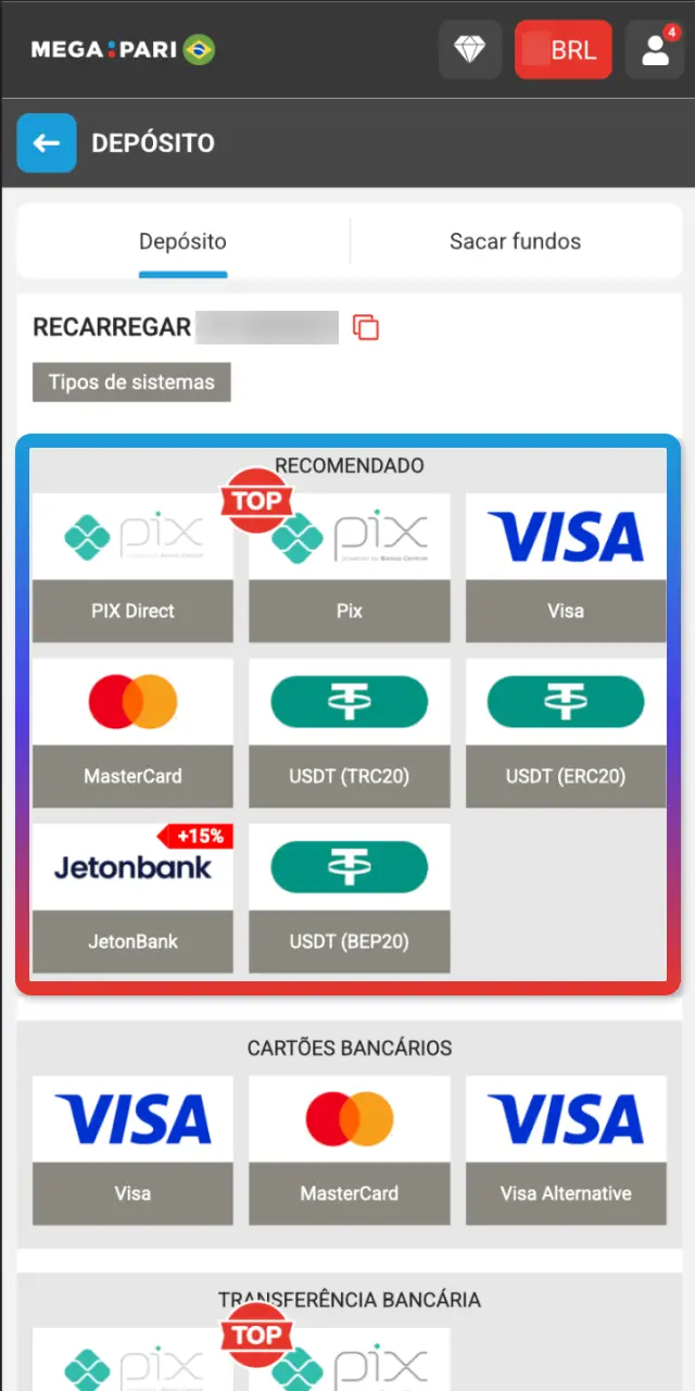 Escolha o método de pagamento e o valor desejado no app MegaPari.