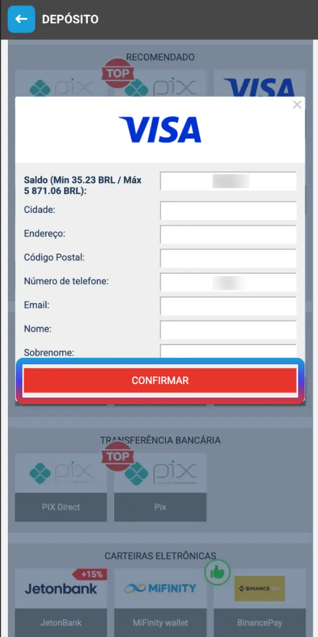 Insira os dados solicitados e confirme a operação no app MegaPari.