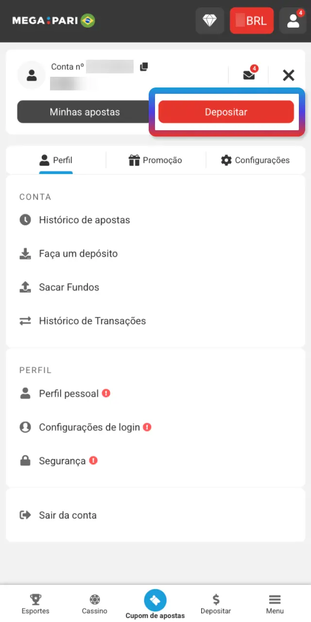Toque em Depósito no topo da conta no app MegaPari Brasil.