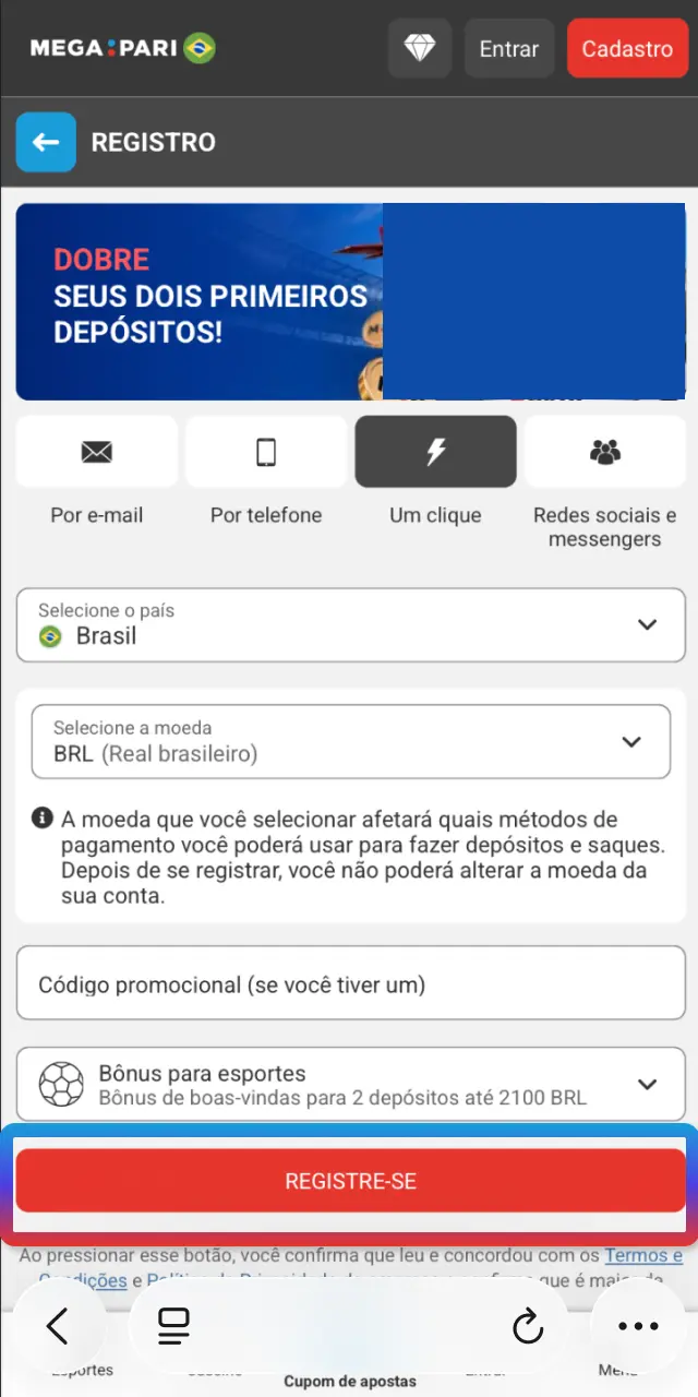 Registre-se no MegaPari em BRL, valide seu contato e ative ofertas.