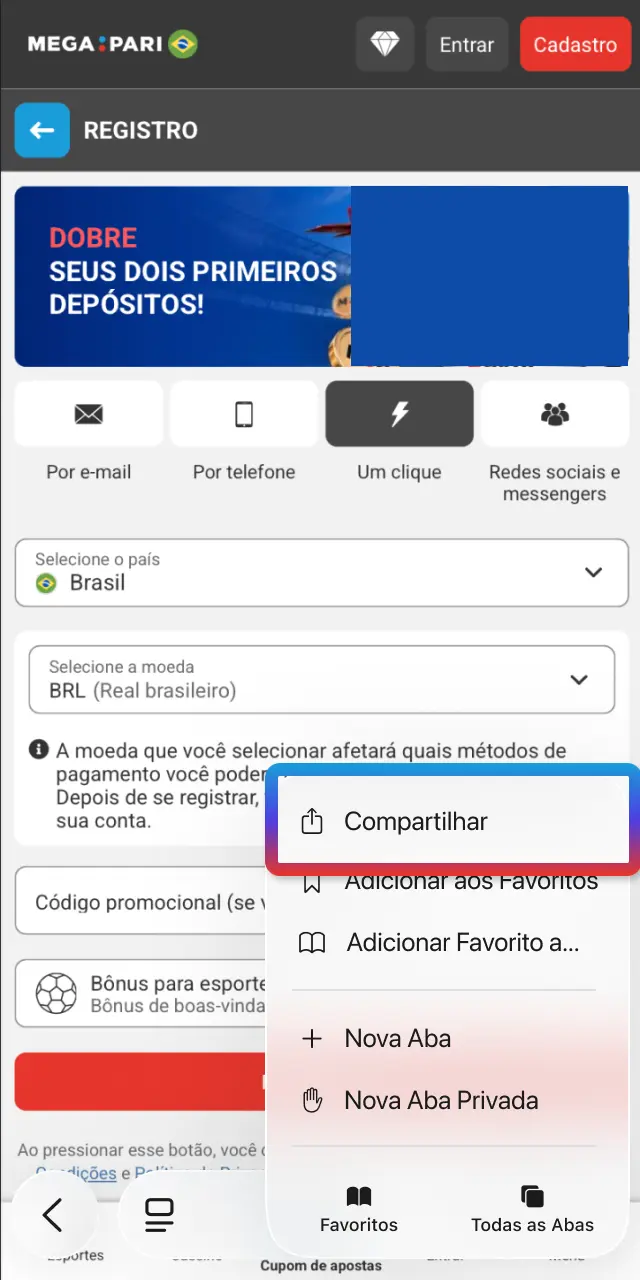 No Safari, toque em Compartilhar para abrir as opções do sistema no MegaPari.