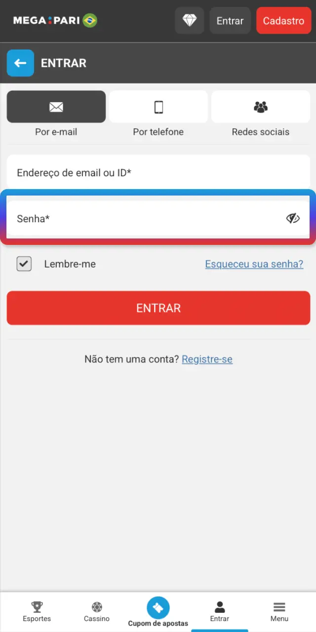 Confirme o login no app MegaPari e digite o código 2FA se solicitado.