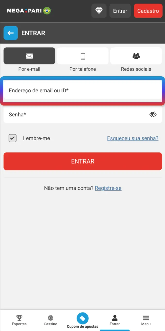 Digite e-mail ou celular e sua senha no app MegaPari Brasil.
