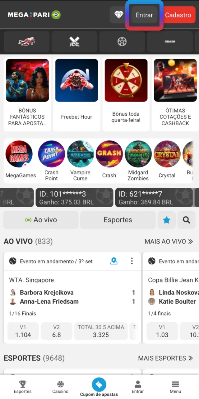 Toque em Entrar na página inicial do app MegaPari para acessar sua conta.