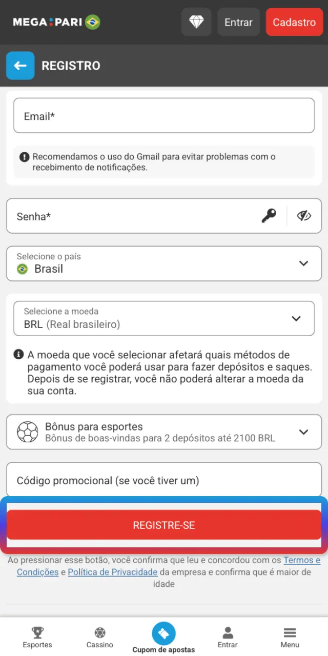 Conclua o cadastro no app MegaPari e entre na sua conta.