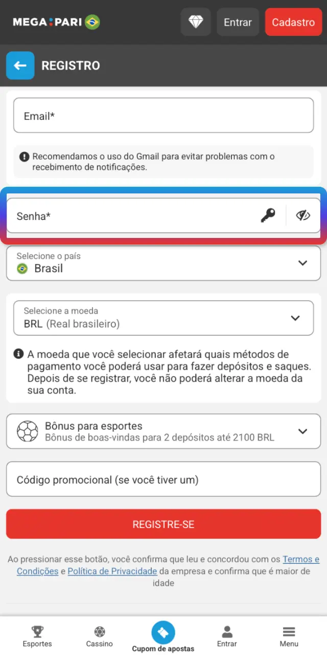 Defina uma senha segura e confirme seus dados no app MegaPari.