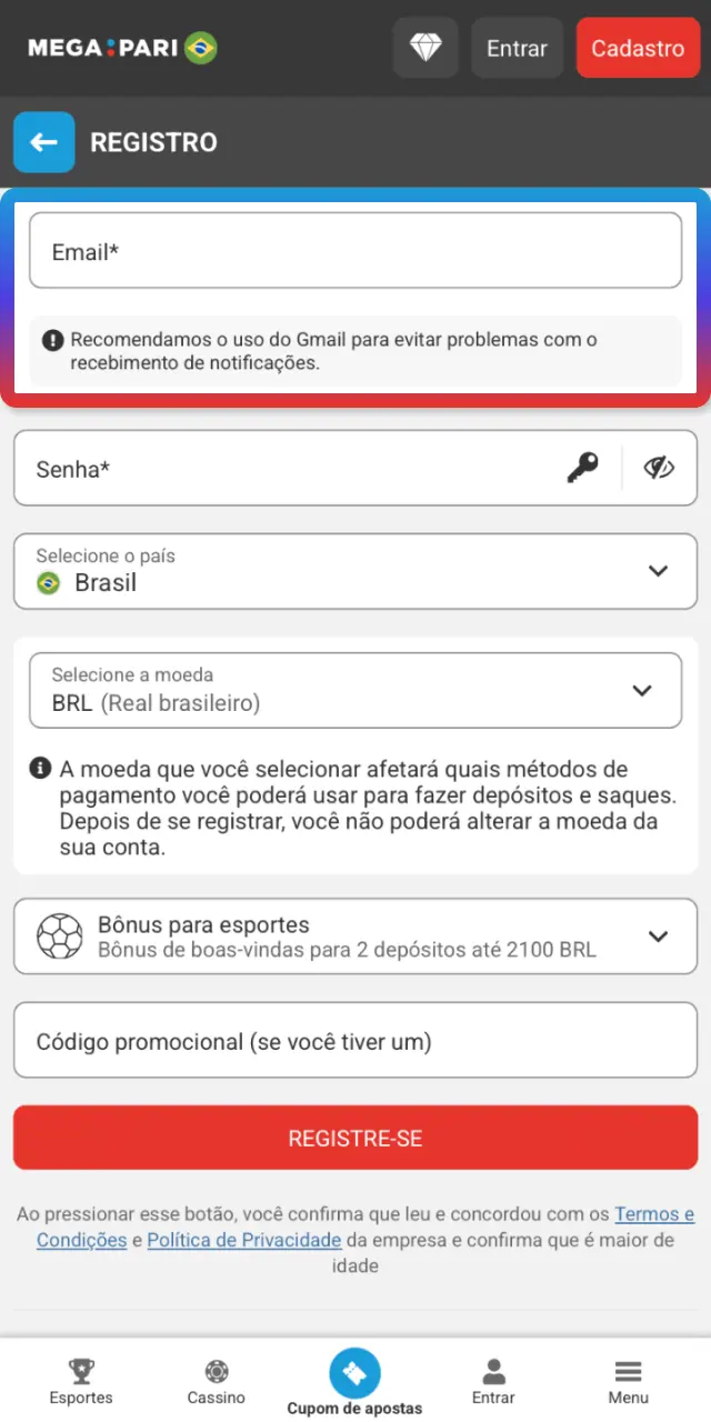 Informe dados pessoais, país e moeda preferida no app MegaPari.