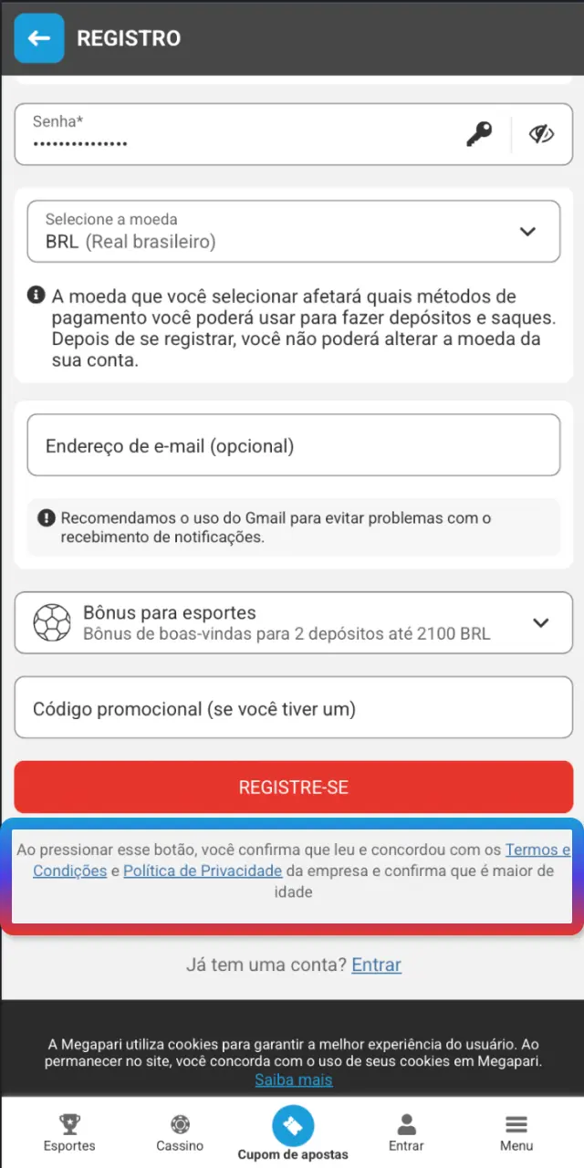 Aceite os termos e finalize o cadastro no app MegaPari Brasil.