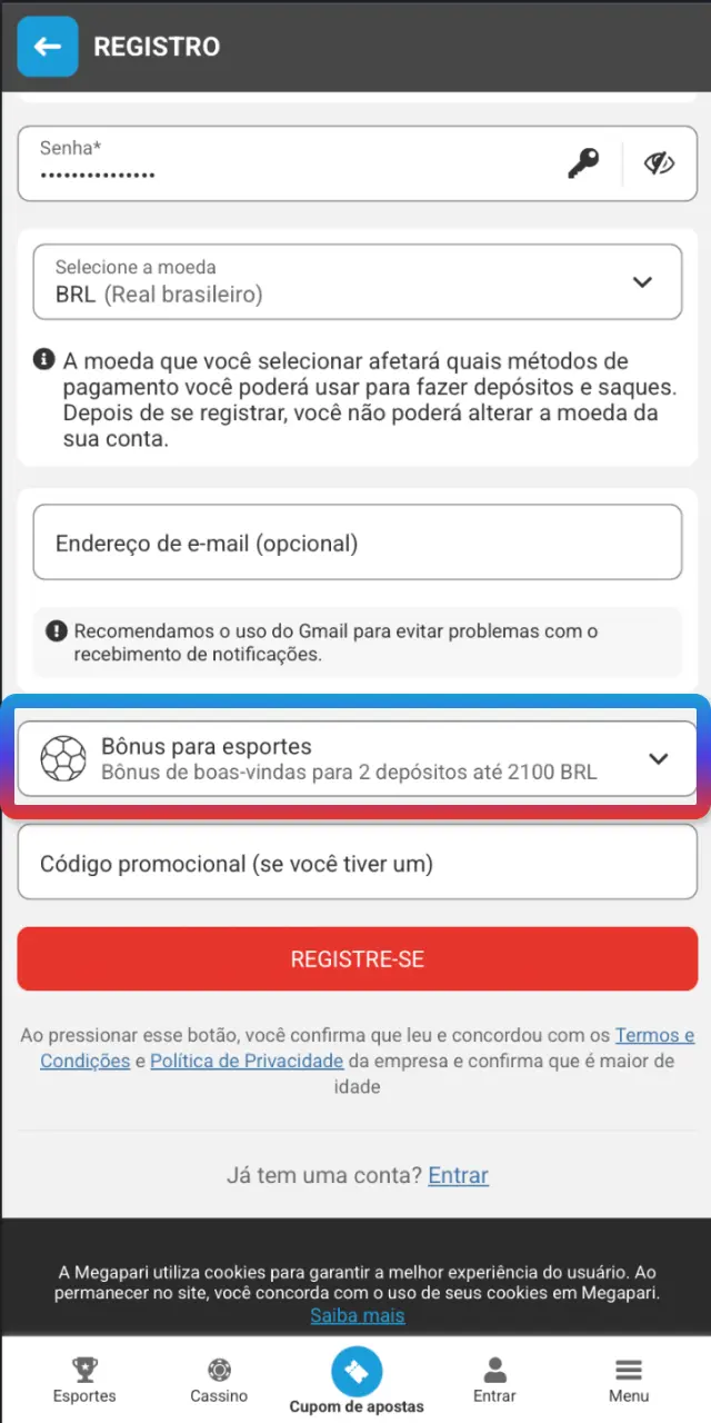 Ative o bônus na área de promoções do app MegaPari Brasil.