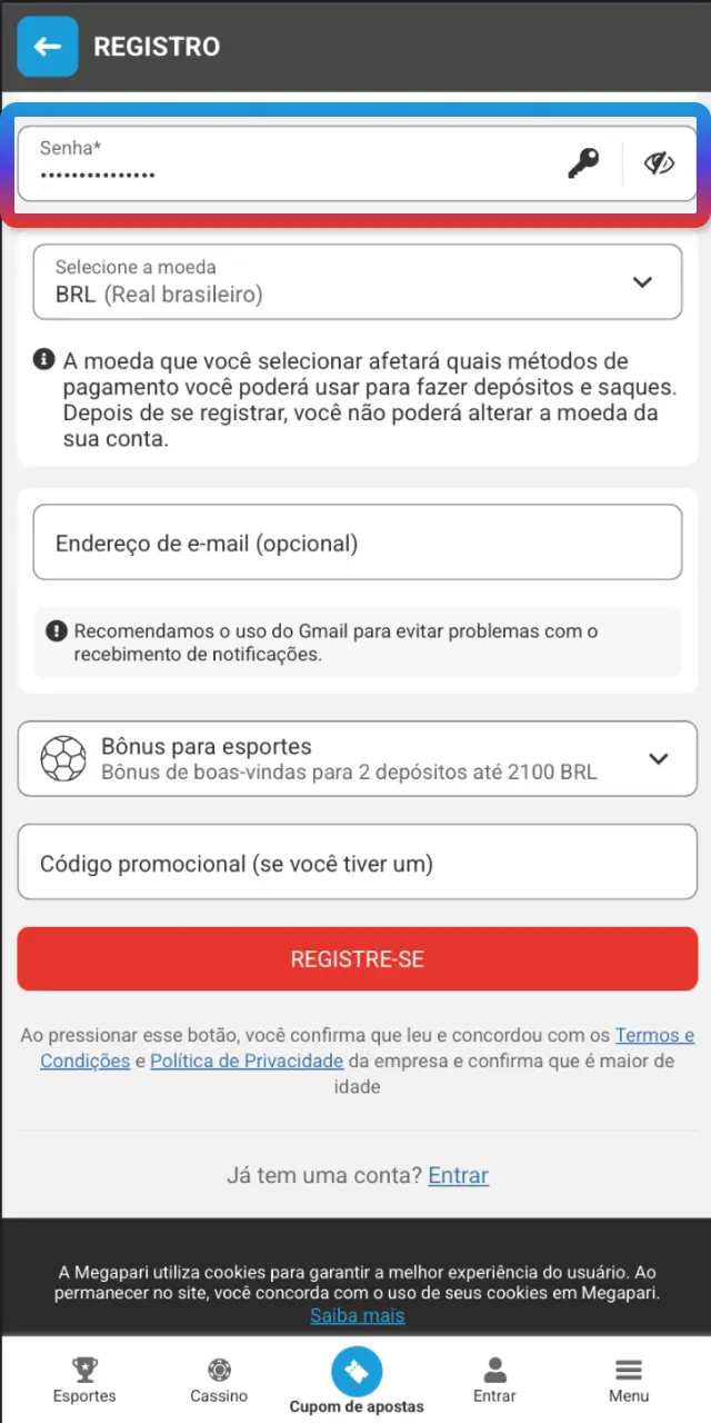 Crie uma senha forte e confirme seus dados no cadastro MegaPari.