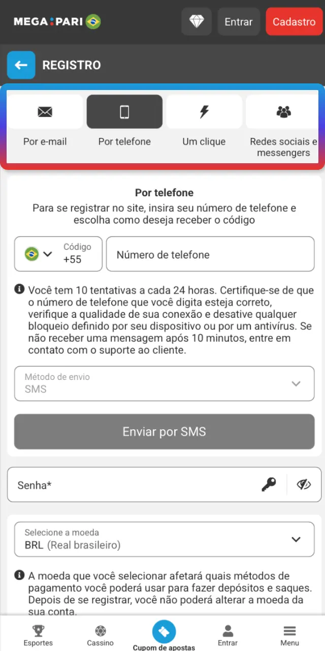 Informe e-mail ou celular, nome completo e moeda BRL no MegaPari.