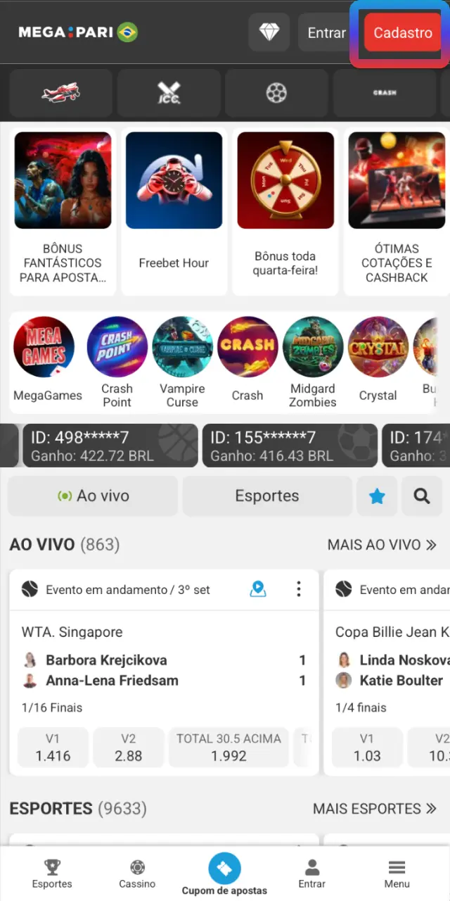 Toque em Registrar no topo do site MegaPari para abrir o formulário.