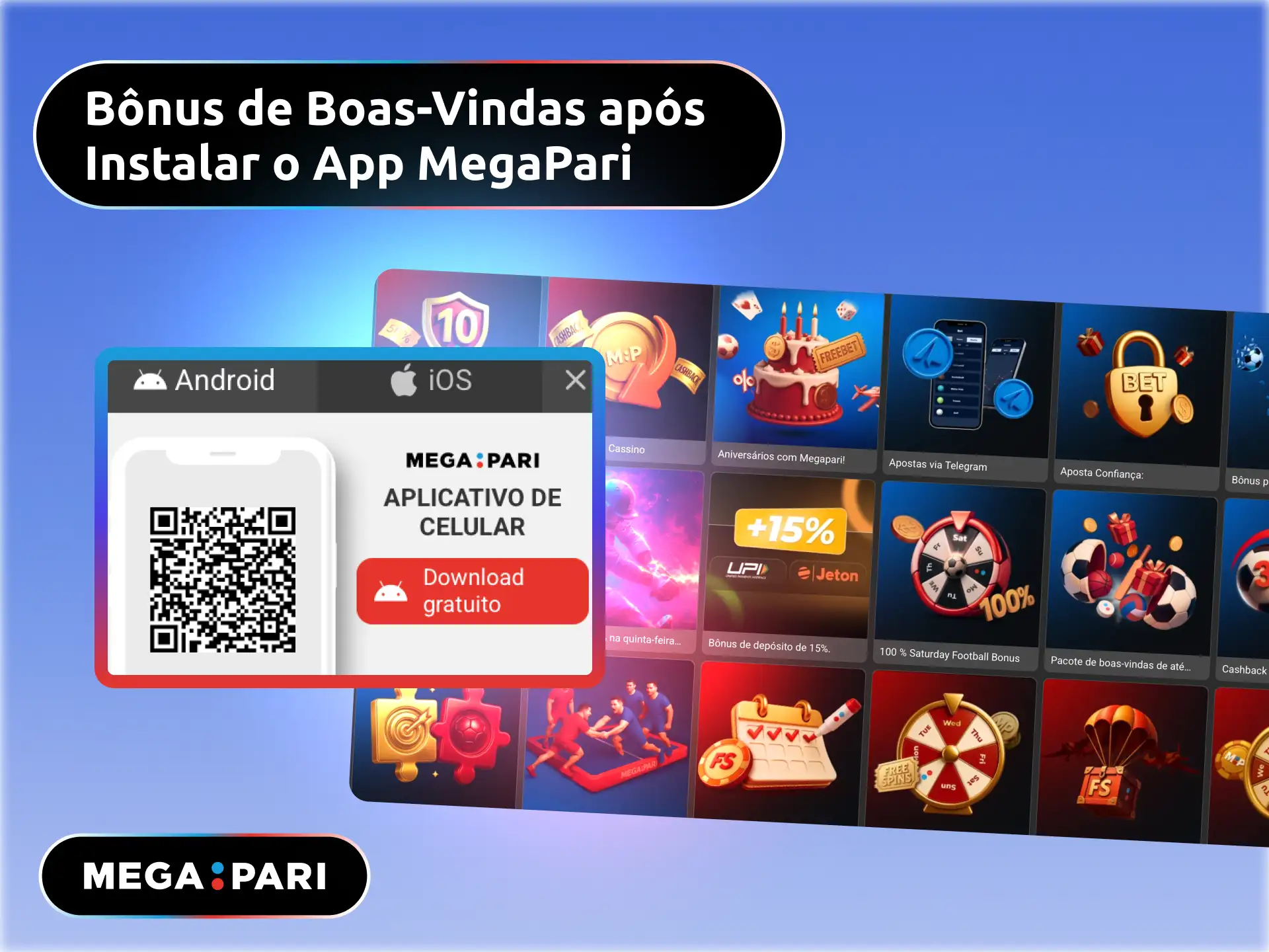 Bônus de boas-vindas após instalar o app MegaPari no Brasil com fundos extras.