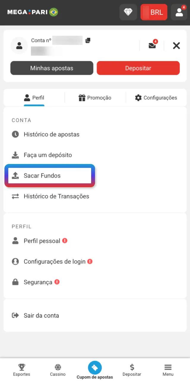Acesse Minha Conta no app MegaPari e toque em Saque para começar.