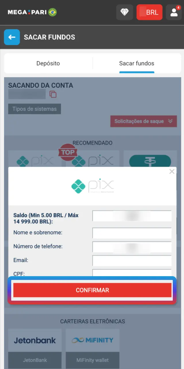 Envie a solicitação de saque no MegaPari e acompanhe o status.
