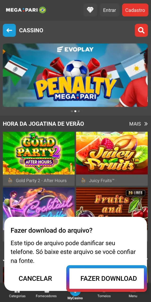 Toque em Baixar APK no MegaPari Brasil e aguarde o arquivo ser salvo.