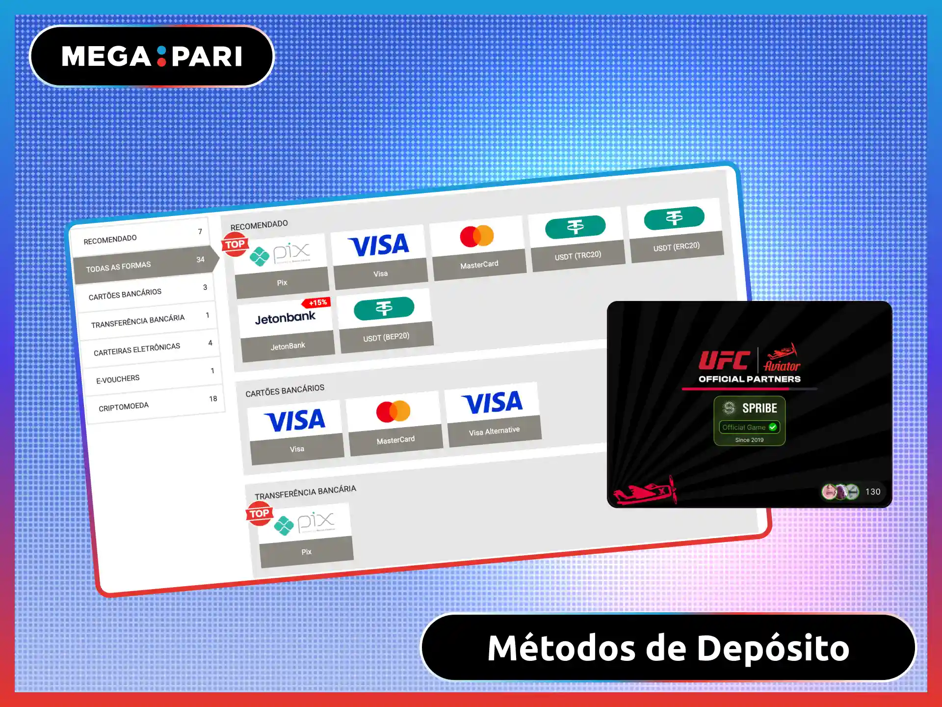 Métodos de depósito no MegaPari Brasil para jogar Aviator com dinheiro real.