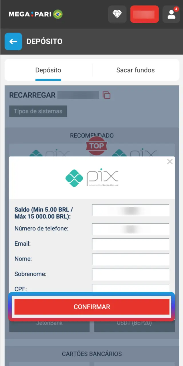 Deposite em reais no MegaPari Brasil usando Pix, carteiras ou cartão.